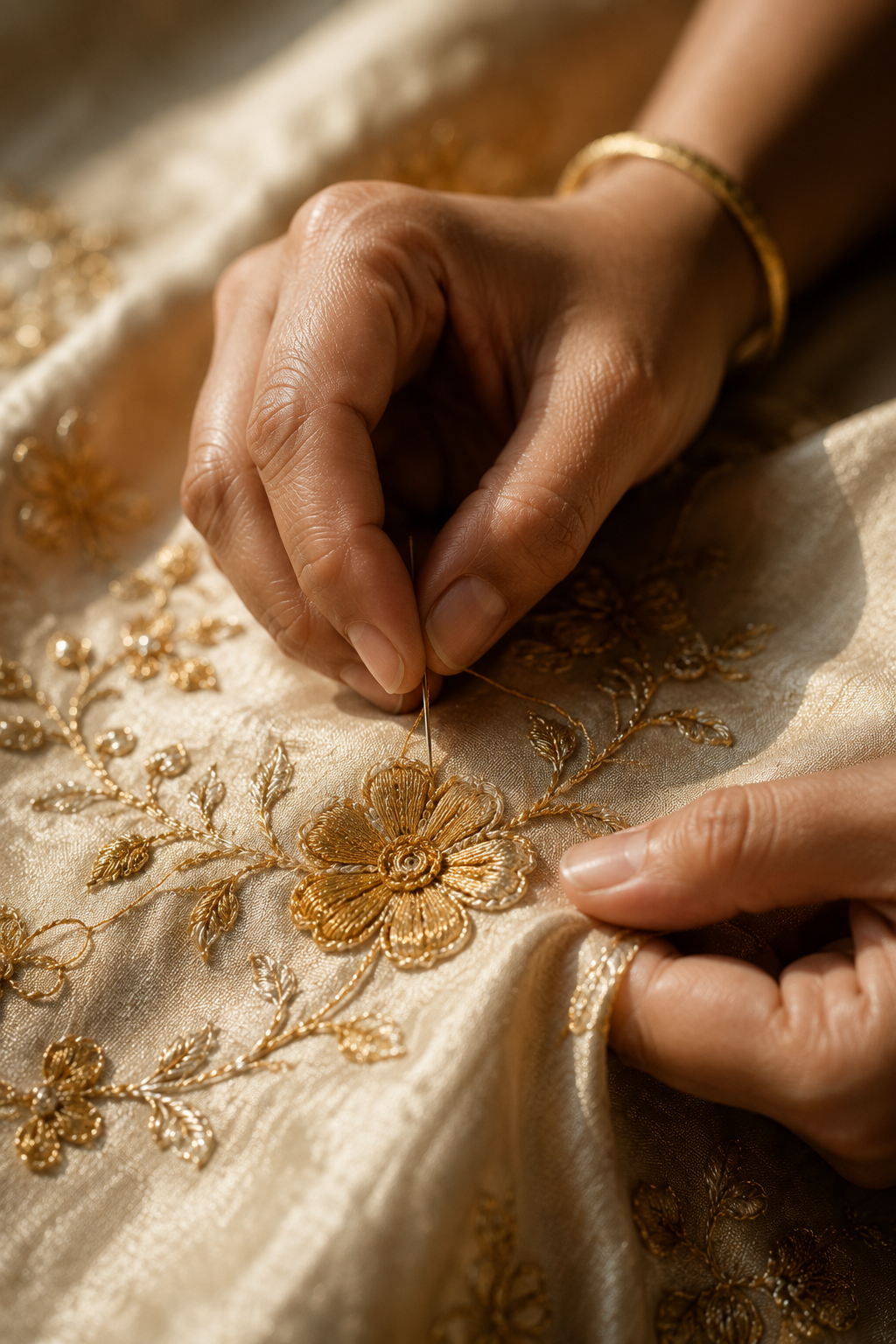 Master artisan performing hand-zardozi zari embroidery on Banarasi silk for a sacred Poshak